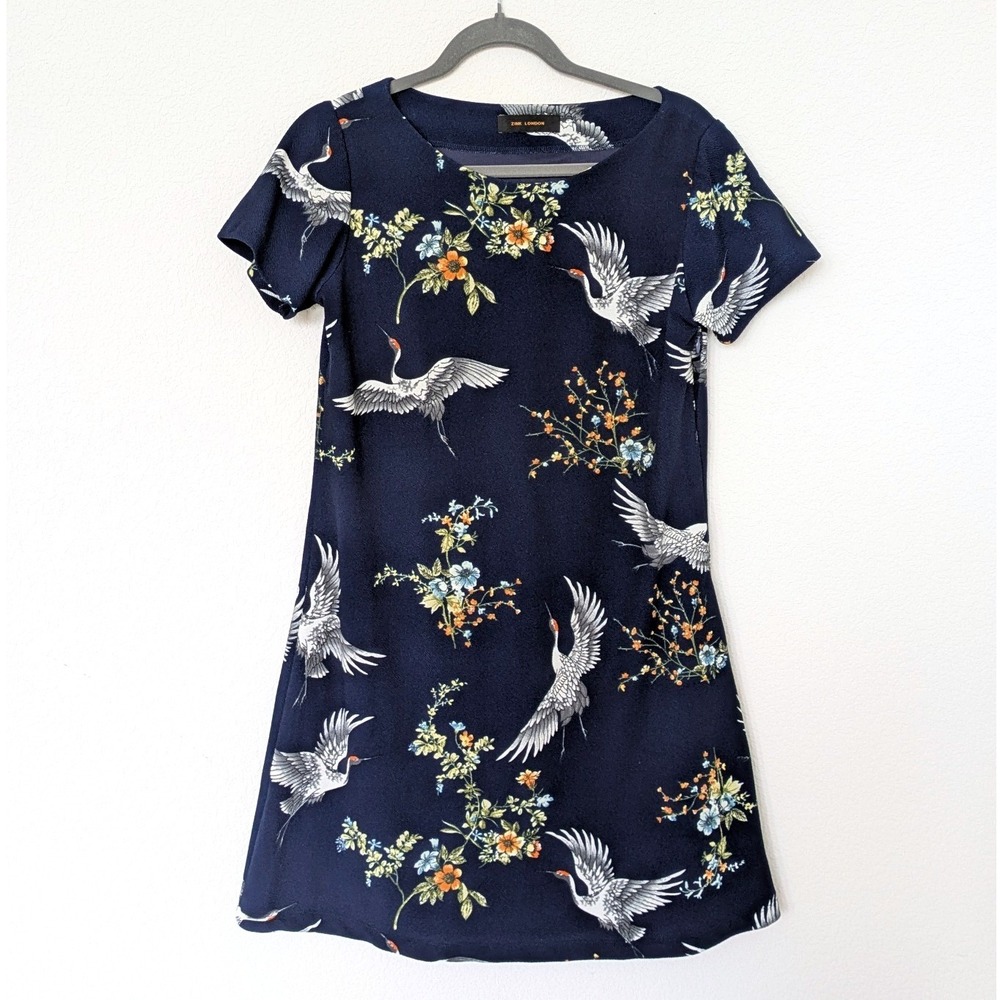Zink London Navy Blue Crane Bird Floral Print Short Sleeve Shift‎ Dress Mini